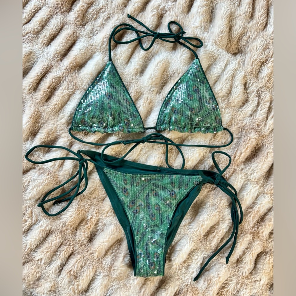 Emerald Green Sequin Tie-Side Bikini Set - Women Swim
